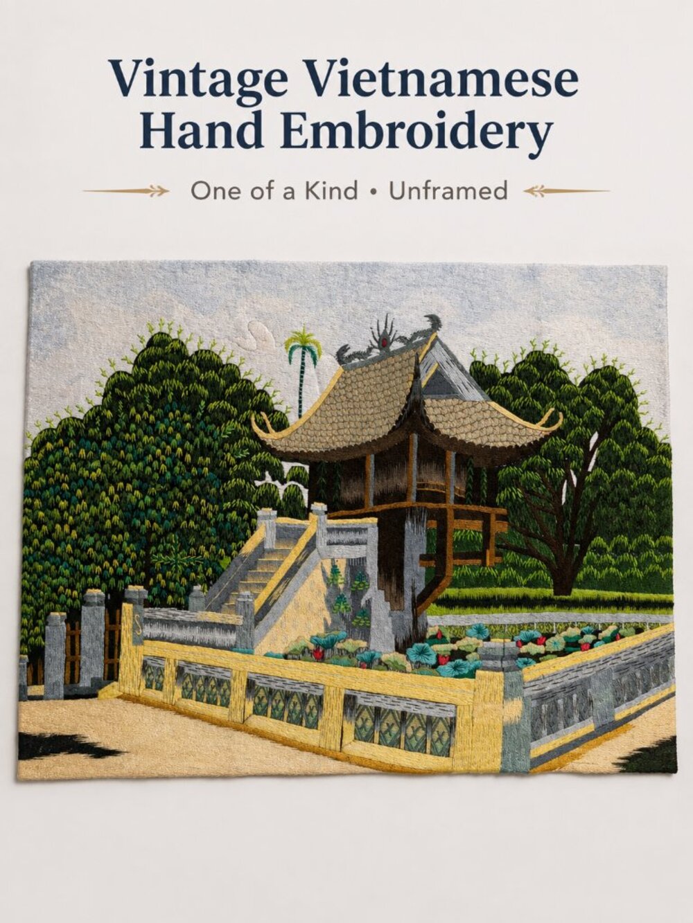 Vintage Vietnamese Silk Embroidery Pagoda Garden Panel 13x22 Multicolor